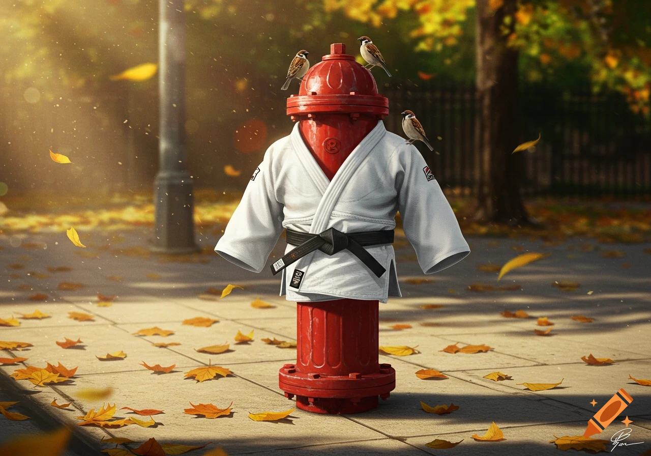 A red fire hydrant wears a white judo uniform with a black belt, standing on a sidewalk covered in autumn leaves. Three sparrows perch on its top.