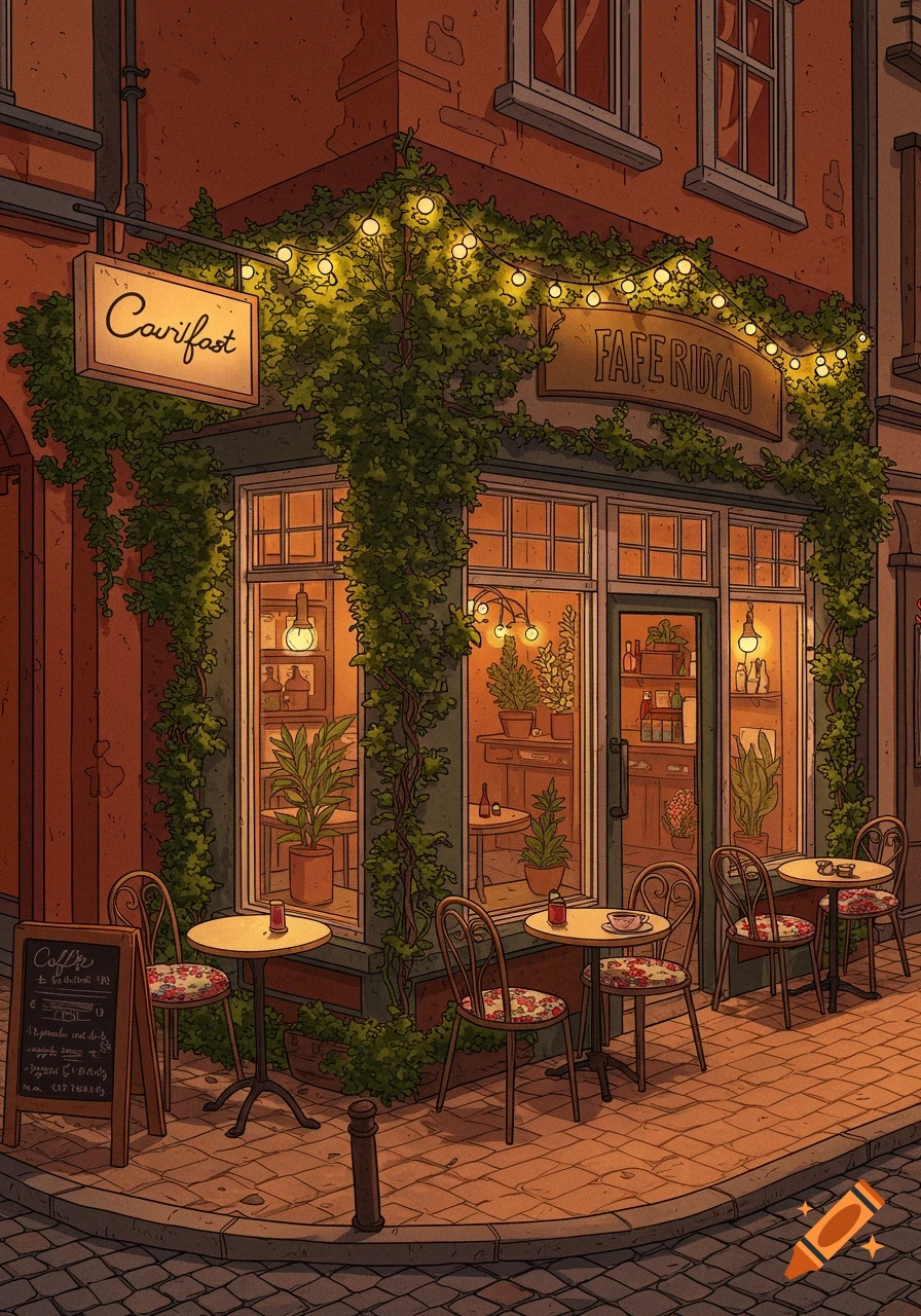 Illustrated cozy cafe with outdoor seating covered in vines and string lights on a cobblestone street at dusk.