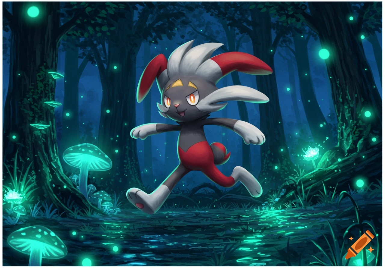 Raboot, a grey and red rabbit-like Pokemon, runs through a dark, mystical forest with glowing blue mushrooms and plants.