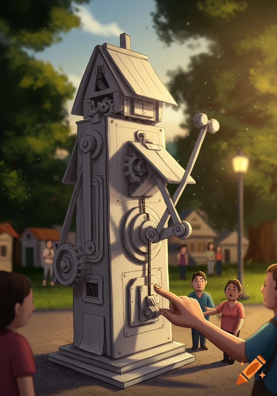 Illustrated scene of people observing a large, intricate mechanical art device resembling a house in an outdoor park.