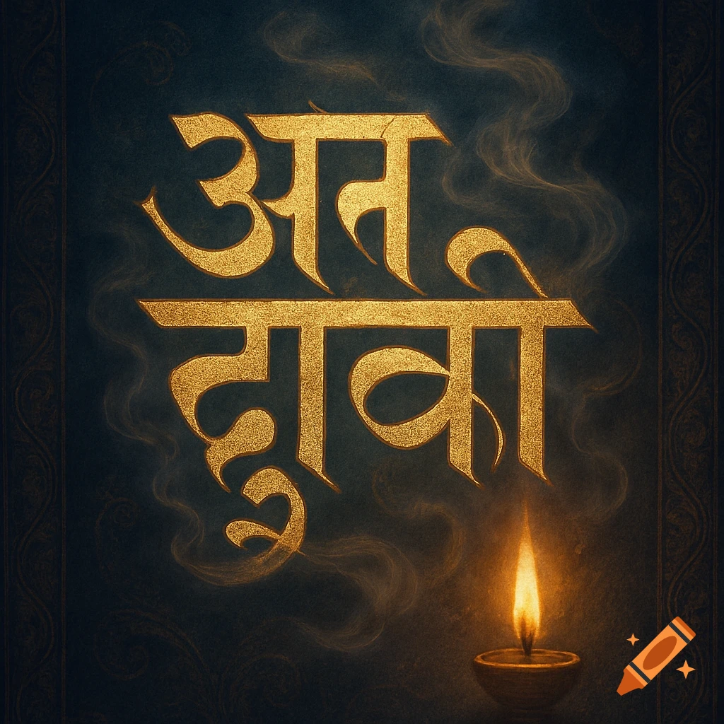 Golden Hindi script with a textured surface appears above a lit oil lamp, set against a dark, textured background with subtle smoky elements. The script forms two words.