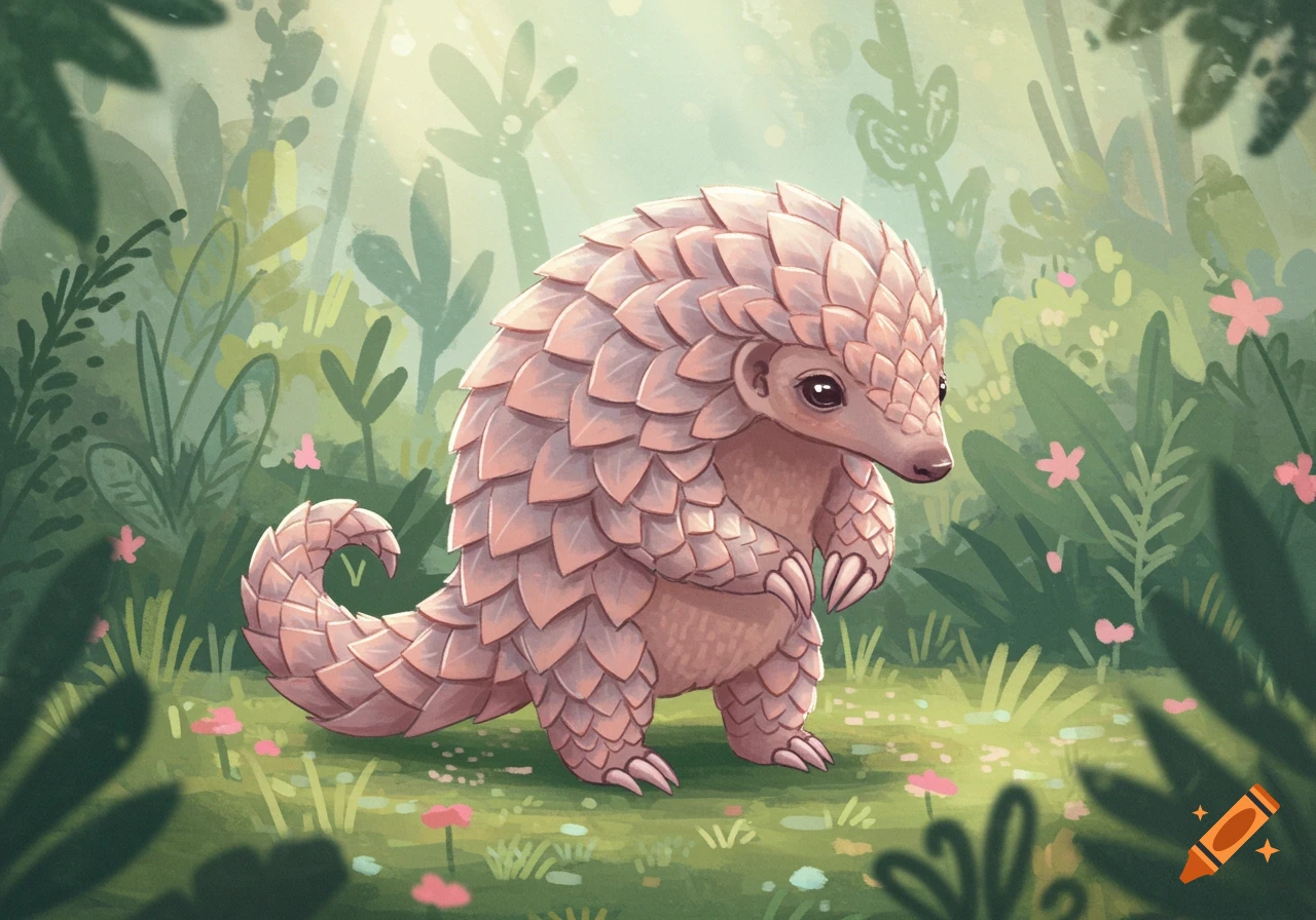 A shy pangolin with light pink scales stands in a lush green forest with small pink flowers, in a children's book illustration style.