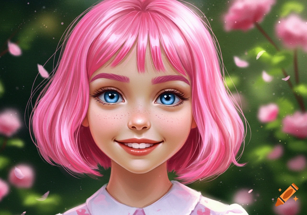 Smiling digital illustration of a girl with short pink hair and bright blue eyes, freckles, in a garden with blurred pink flowers.