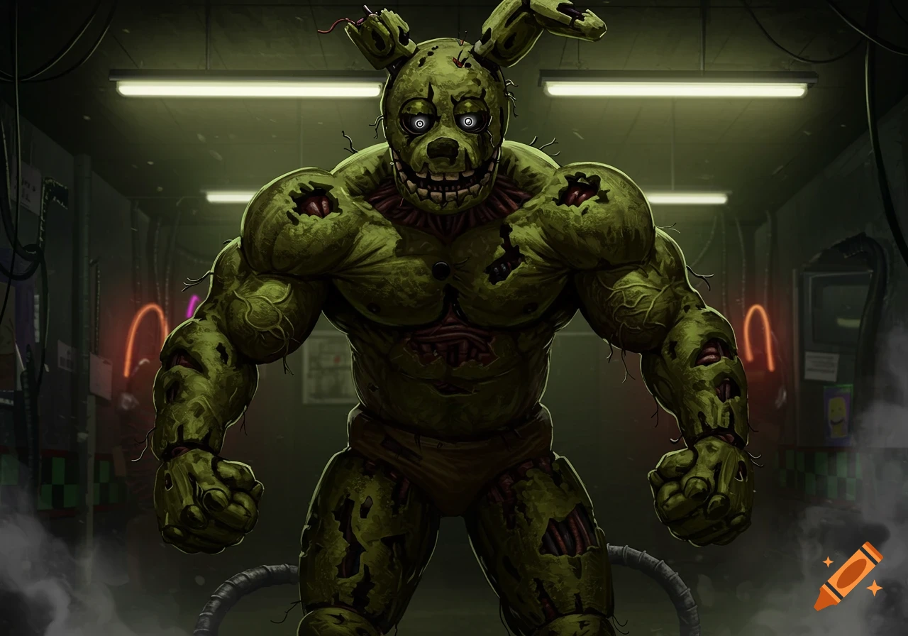 A muscular, menacing Springtrap from Five Nights at Freddy's stands in a dark, grimy industrial hallway, glowing eyes fixed forward.