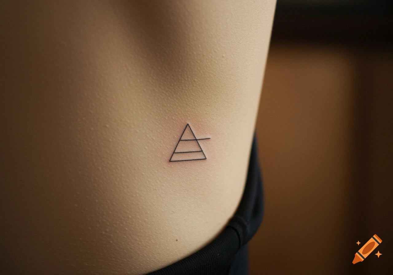 A minimalist line art tattoo of a triangle with two internal horizontal lines and an extending horizontal line on a person's back.