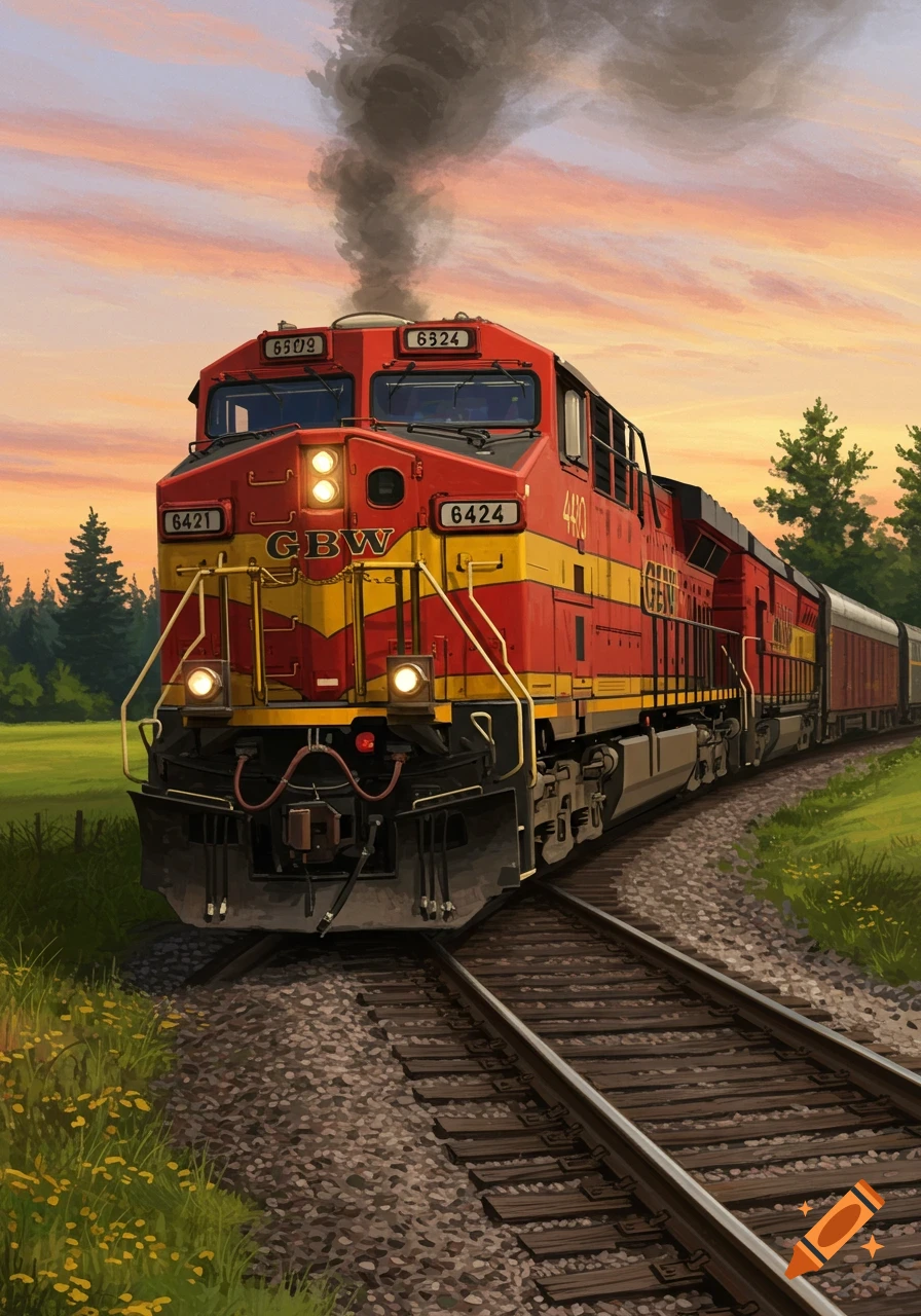 A red and yellow train with black smoke rolls down tracks through a green field at sunset.