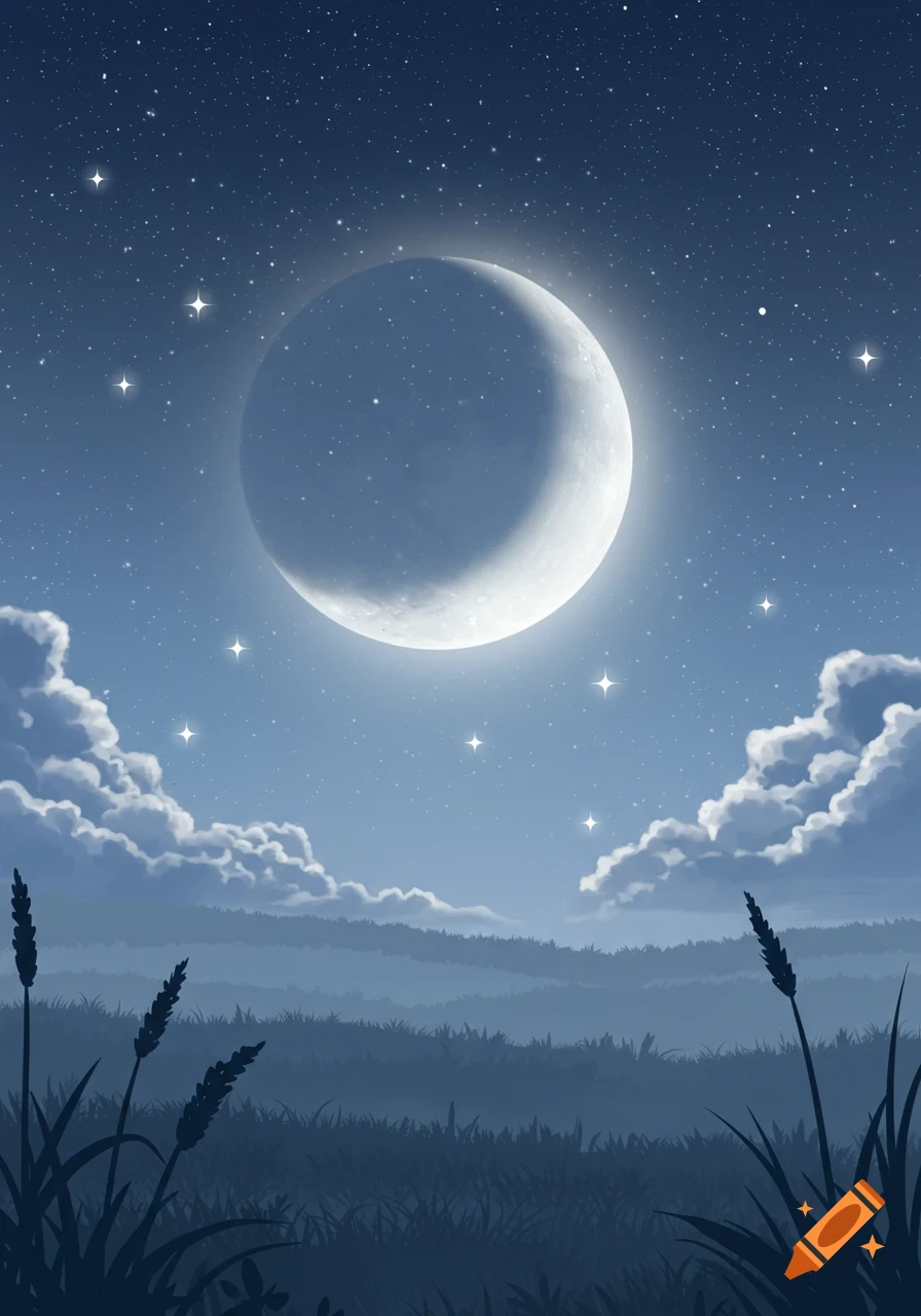 A serene night landscape illustration with a large crescent moon, twinkling stars, and misty hills over a field of tall grass.