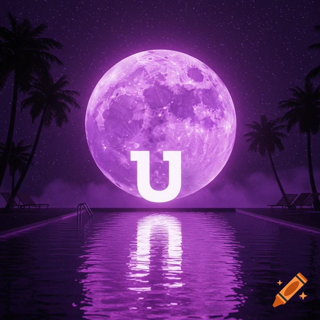 A large glowing purple moon with a white letter "U" reflected in a purple swimming pool, under a starry night sky with palm trees.
