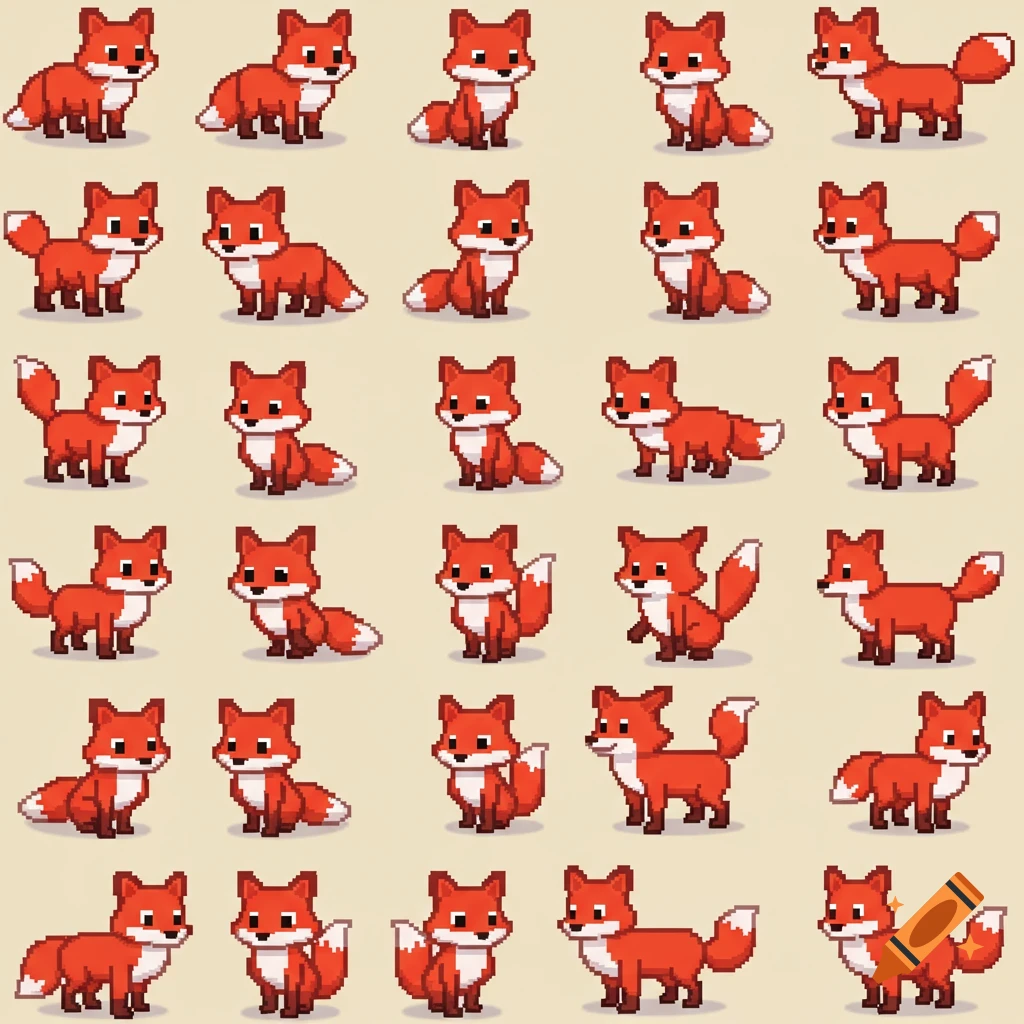 A grid of cute red pixel art fox sprites in various poses.