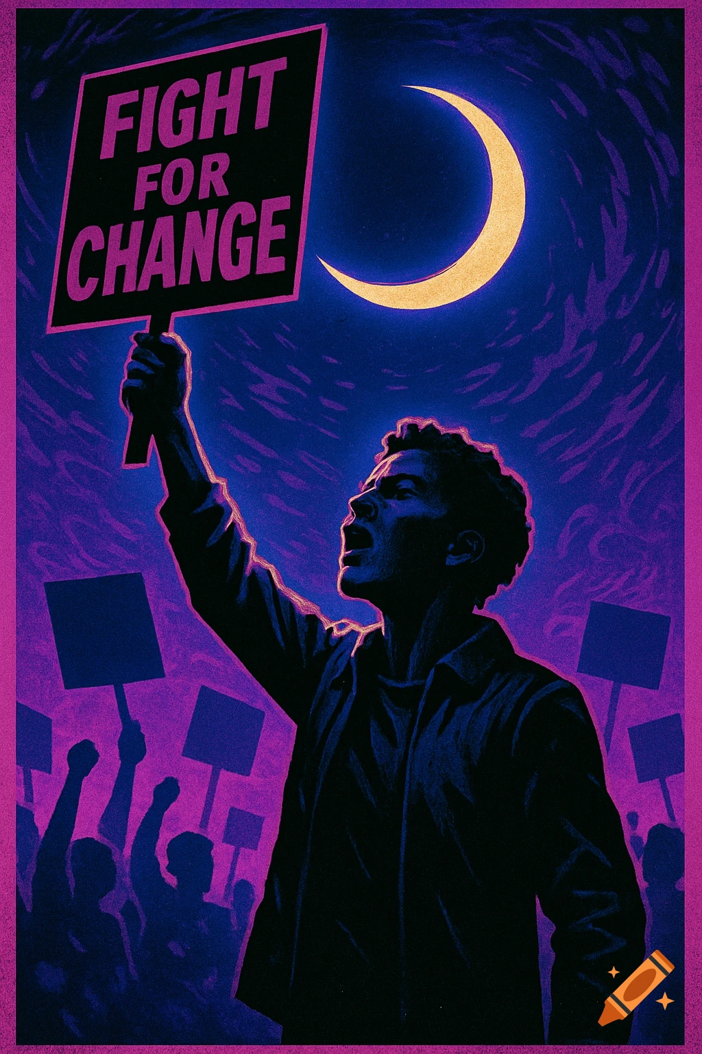 Stylized poster art of a determined activist raising a 'FIGHT FOR CHANGE' sign at a nighttime protest under a crescent moon.