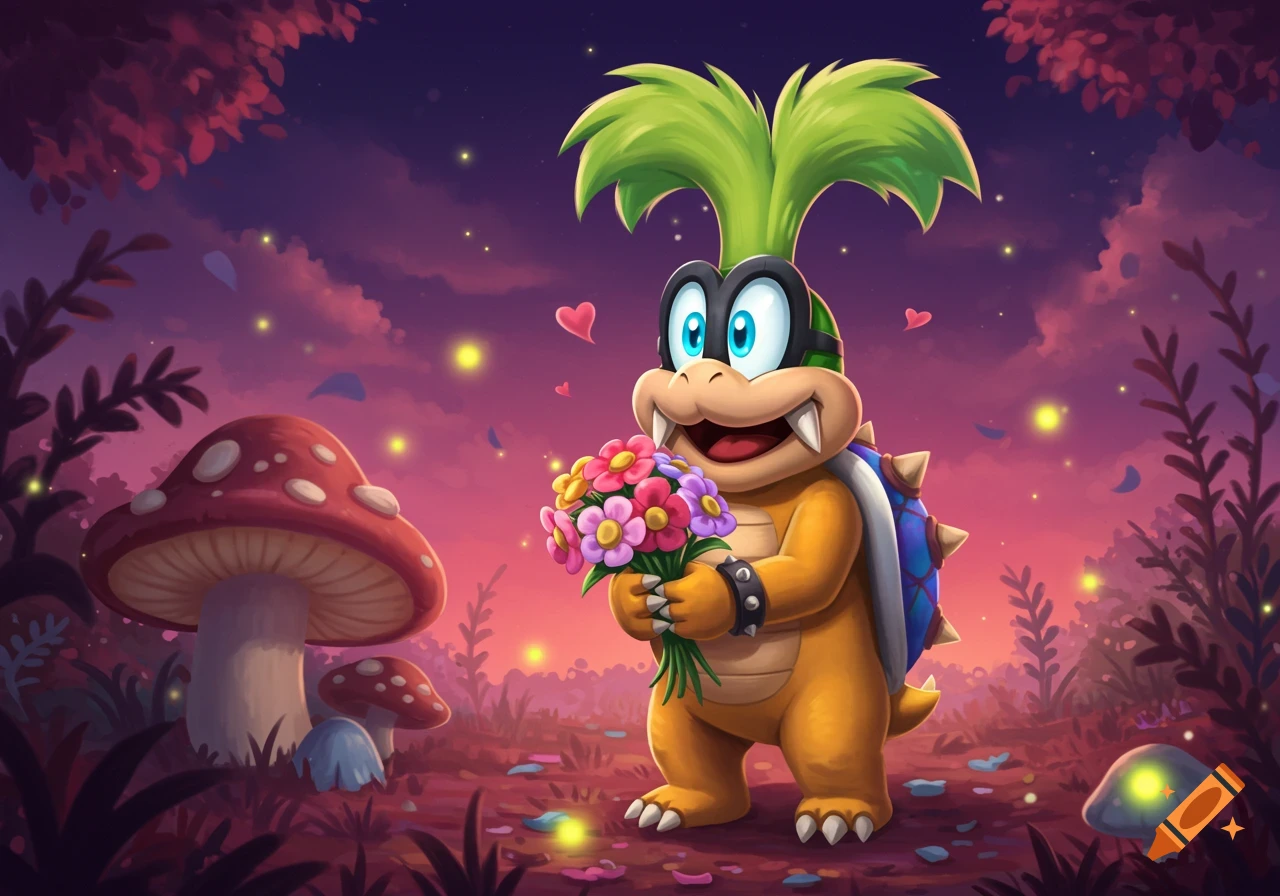 Iggy Koopa holding a colorful bouquet of flowers in a whimsical, glowing mushroom forest.