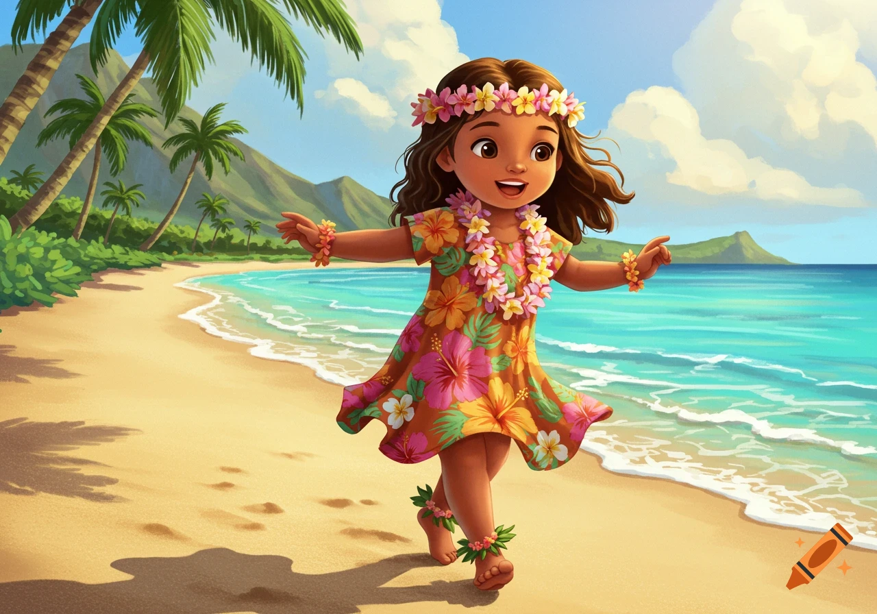 A cheerful cartoon girl skipping on a tropical beach, wearing a floral dress and flower leis, with palm trees and blue ocean in the background.