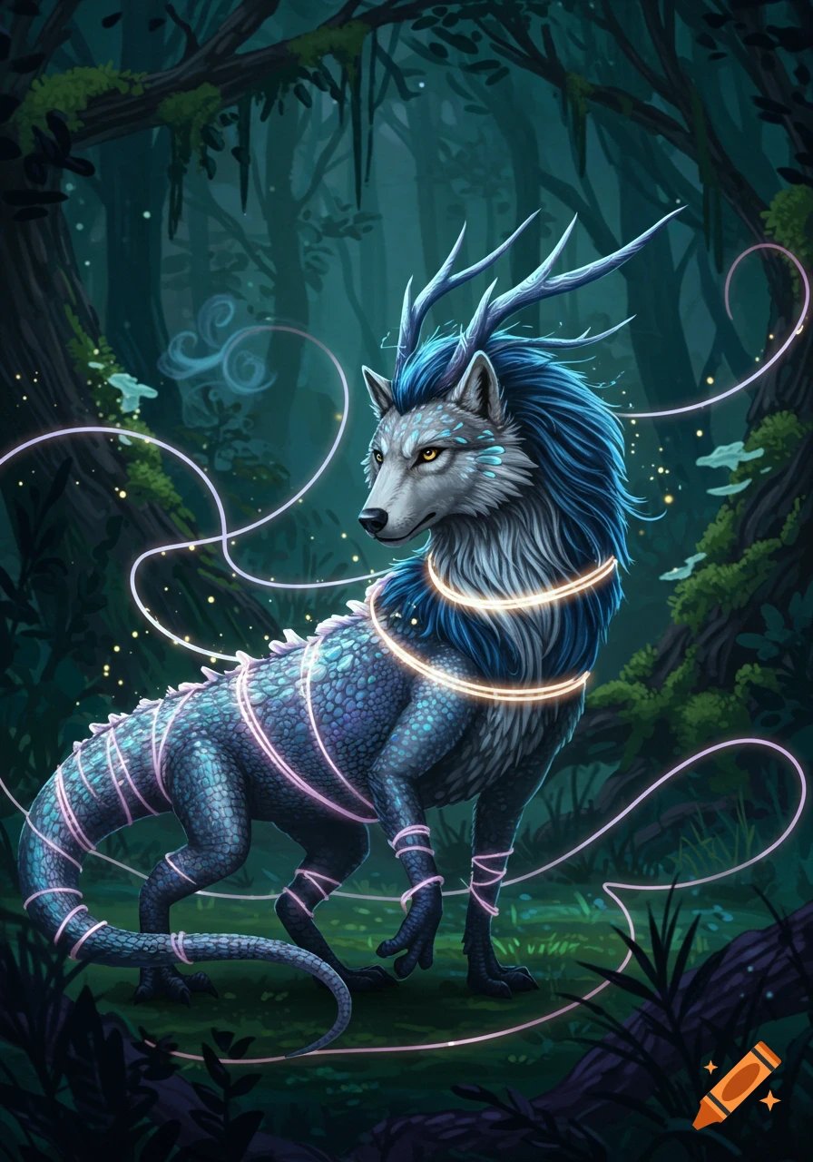 A mystical wolf-lizard creature with blue fur and antlers, and a scaled body, stands in a dark forest with glowing light strings wrapped around it.