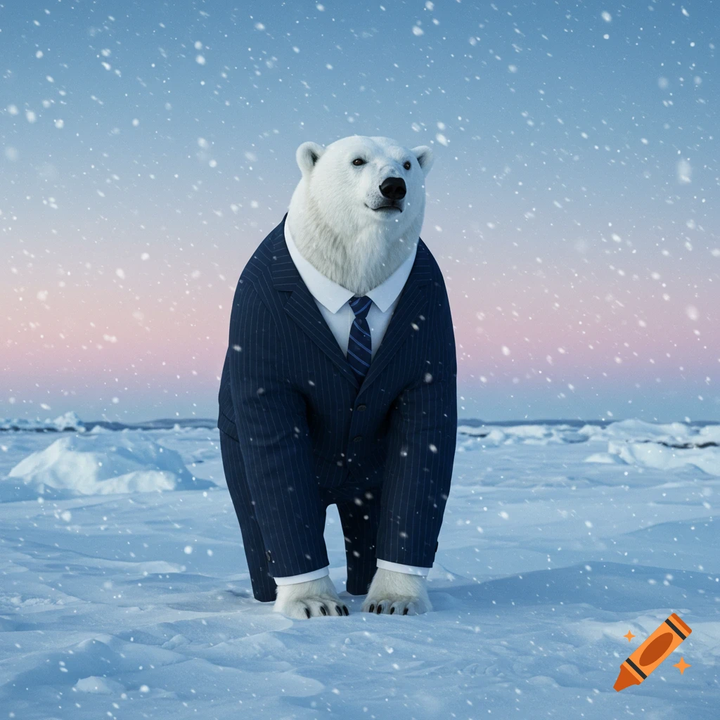 A photorealistic polar bear wearing a pinstripe suit and tie stands in a snowy arctic landscape with falling snow.
