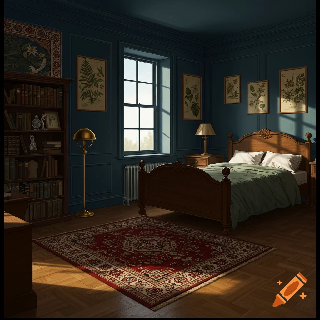 A dark blue bedroom in a dark academia style with a wooden bed, red oriental rug, bookshelves, and botanical prints on the walls. Sunlight streams through a window.