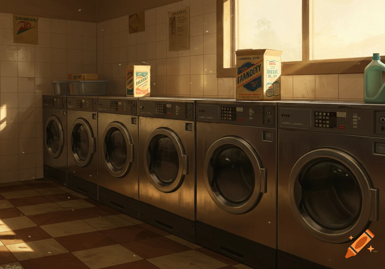 A row of washing machines in a warm-lit laundromat, with detergent boxes on top.