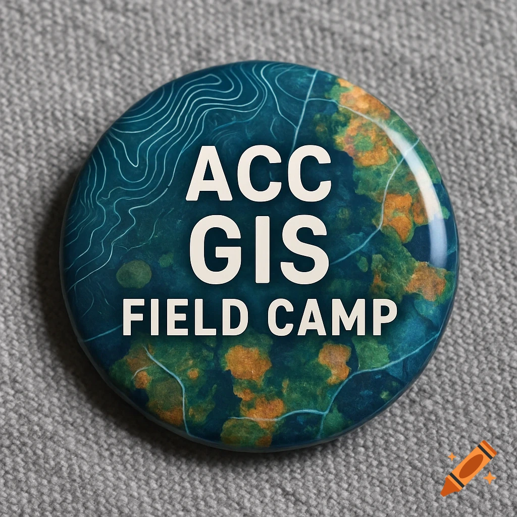 A circular button with 'ACC GIS FIELD CAMP' in white text on a blue, green, and orange map-like design, resting on gray fabric.