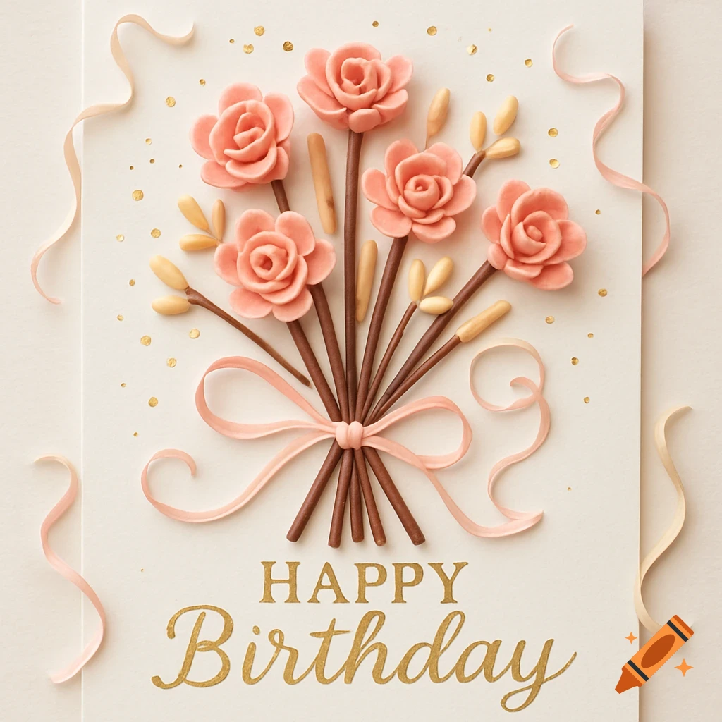 A birthday card featuring a bouquet of pink rose-like flowers made of strawberry pocky sticks and yellow candies, tied with a pink ribbon, on a cream background with gold confetti. The text 'HAPPY Birthday' is written in gold at the bottom.