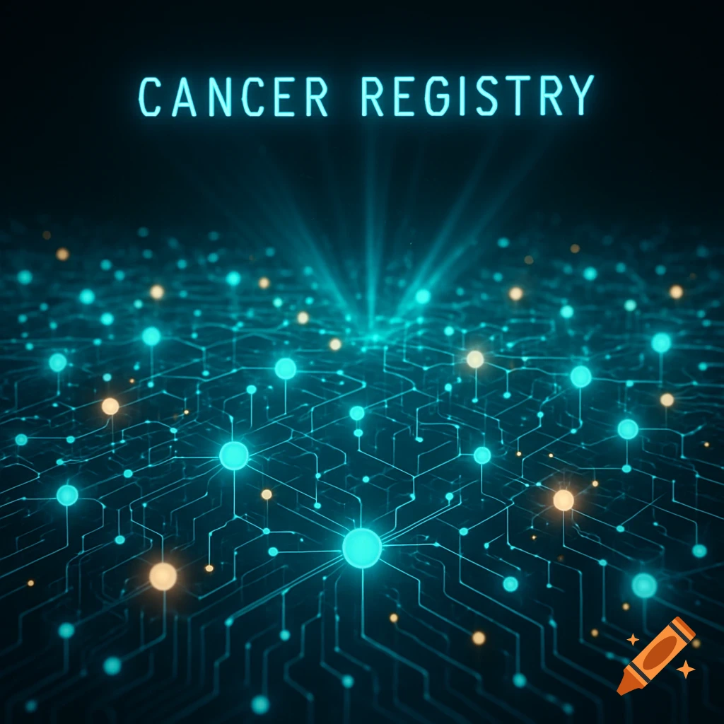 A glowing blue digital network with connected nodes and lines, featuring the text 'CANCER REGISTRY' above.