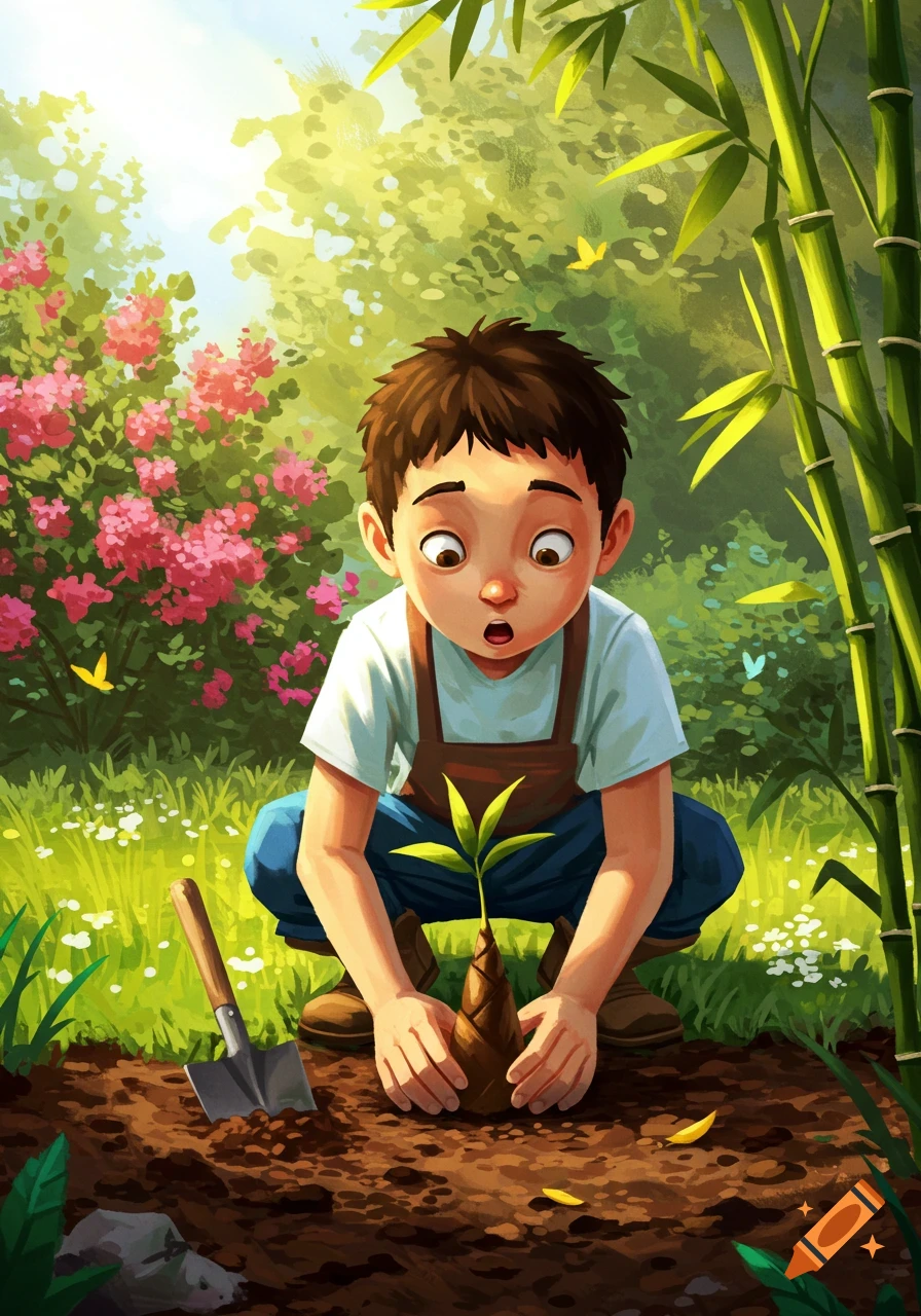 A young boy with a surprised expression plants a bamboo shoot in a sunny garden with pink flowers and tall bamboo. Stylized illustration.