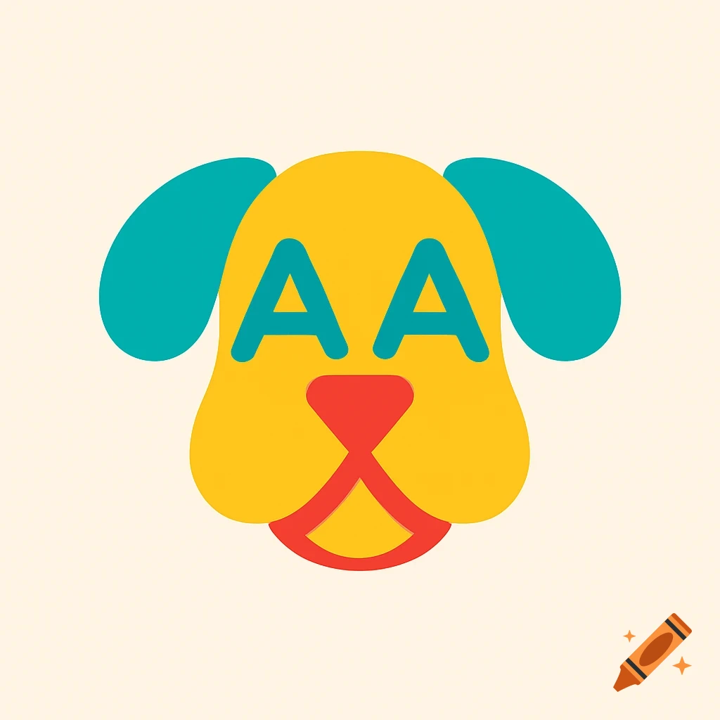 Minimalist yellow dog head logo with blue ears, red nose/mouth, and 'AA' forming its eyes, on a light background.