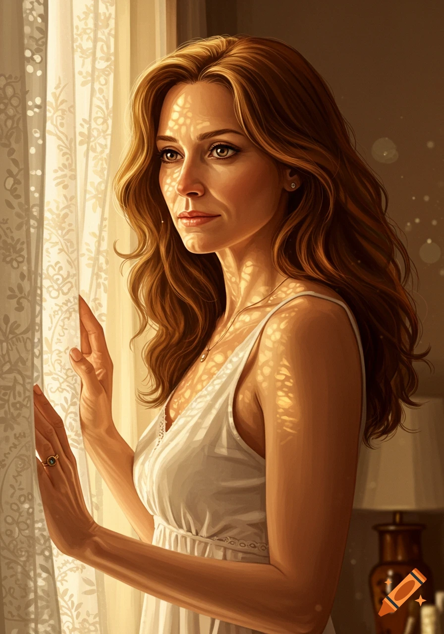 A photorealistic portrait of a woman with long wavy brown hair looking out a window, sunlight dappling through sheer curtains.