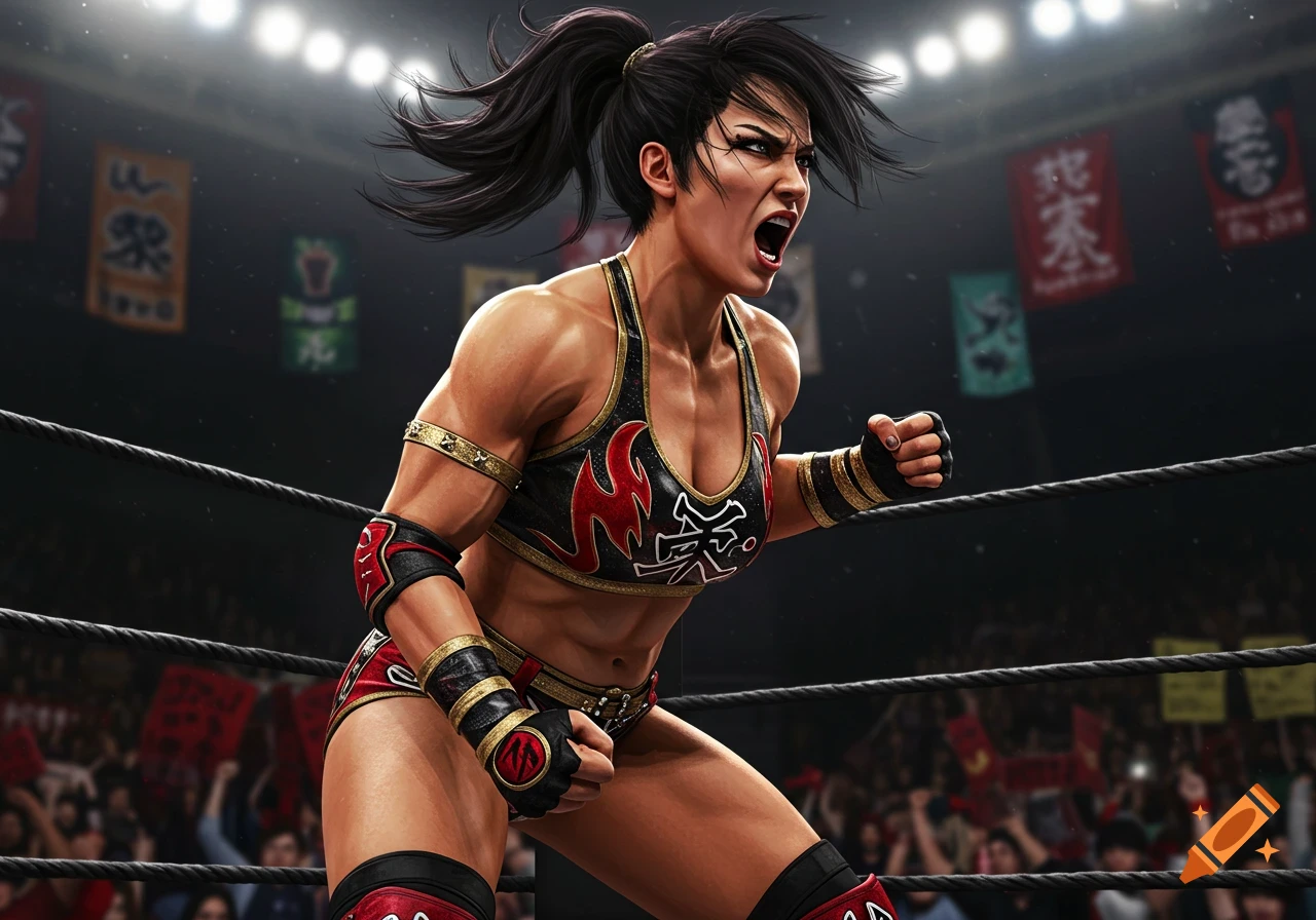 A muscular female wrestler with dark hair in a ponytail, wearing a red and black outfit with gold accents, yells in a wrestling ring.