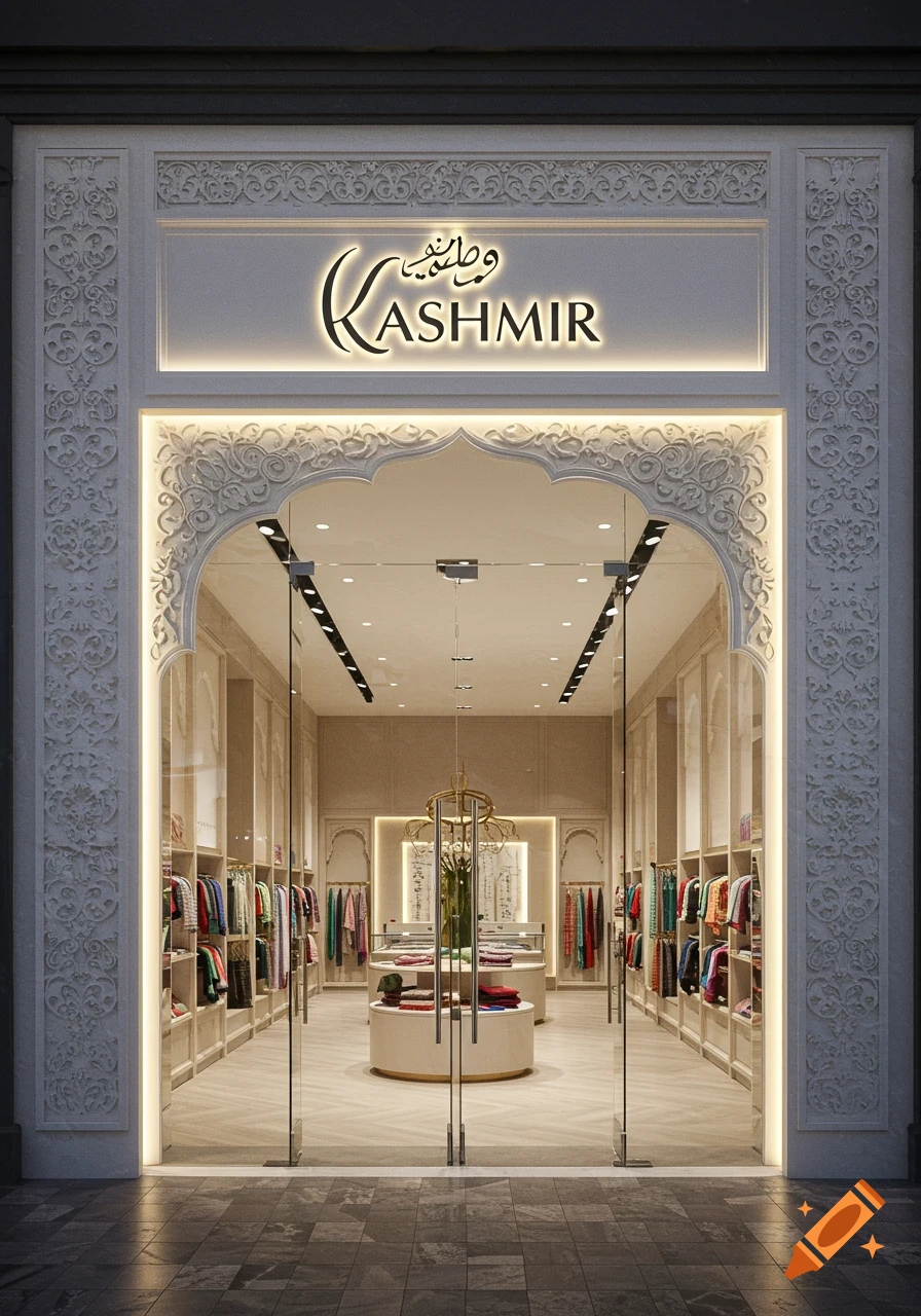 A modern store entrance with ornate carvings and 'Kashmir' sign, glass doors showing a brightly lit interior with clothing displays.