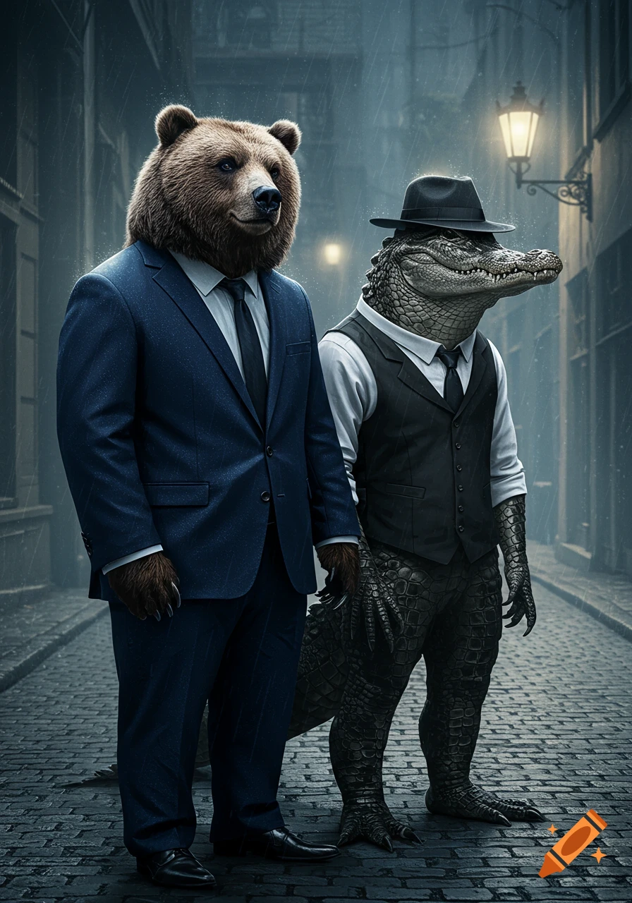 A photorealistic image of a bear in a blue suit standing next to an alligator in a black vest and fedora on a rainy cobblestone street.