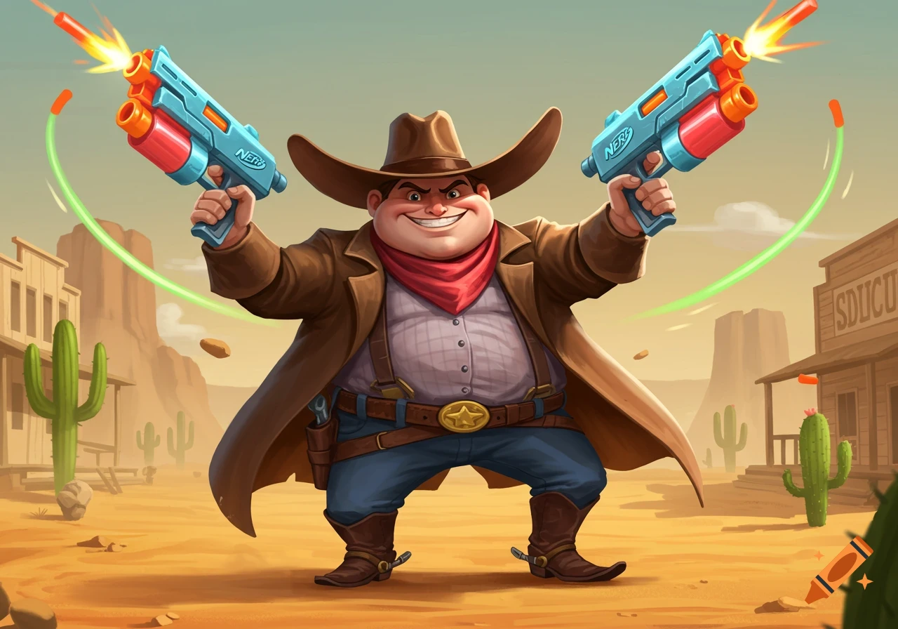 A cartoon cowboy dual-wielding blue and orange toy Nerf guns in a Western desert town. He grins widely.