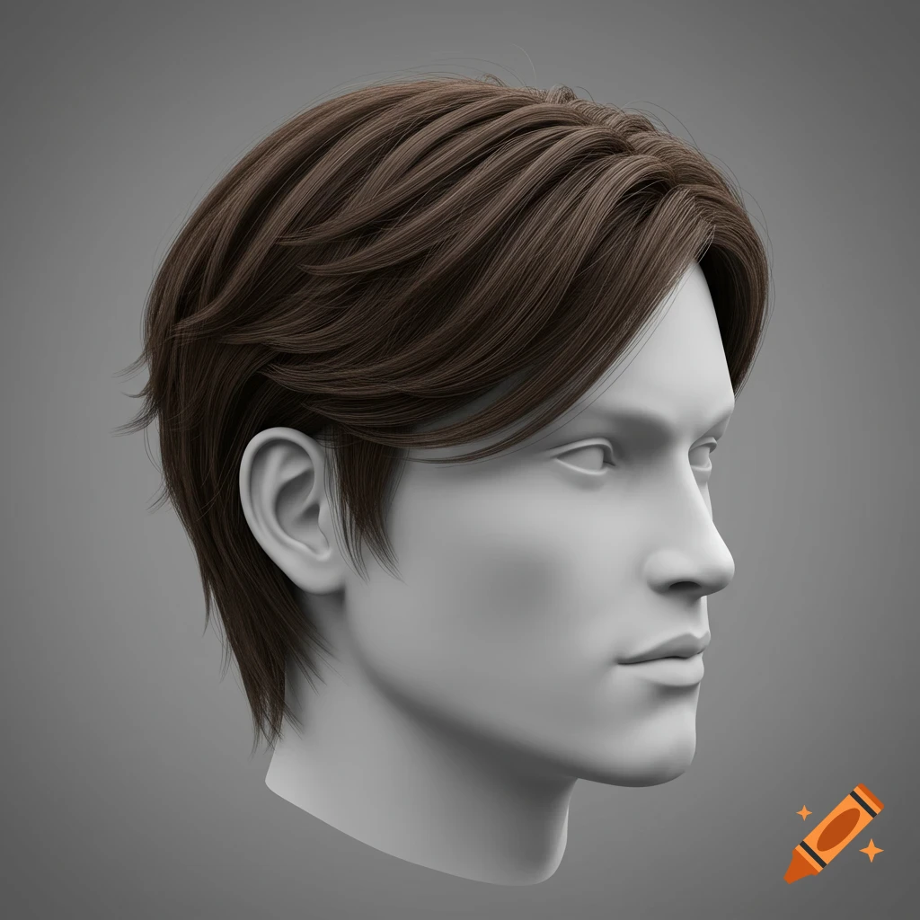 Profile view of a male mannequin head with short, swept brown hair against a gray background, 3D render.