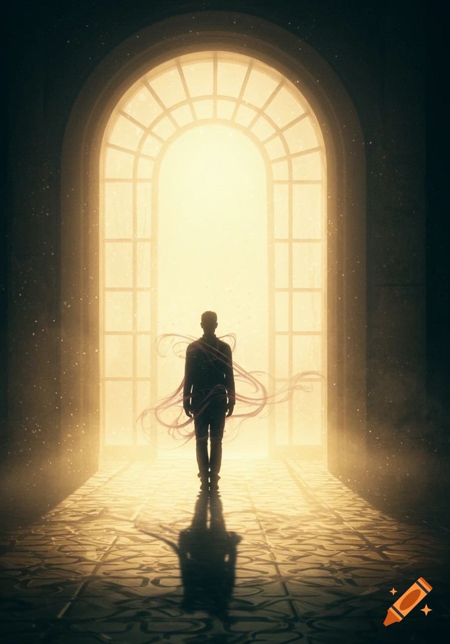 A mysterious silhouette of a person standing in a dark room before a grand, glowing arched window, with light dust and ethereal tendrils.