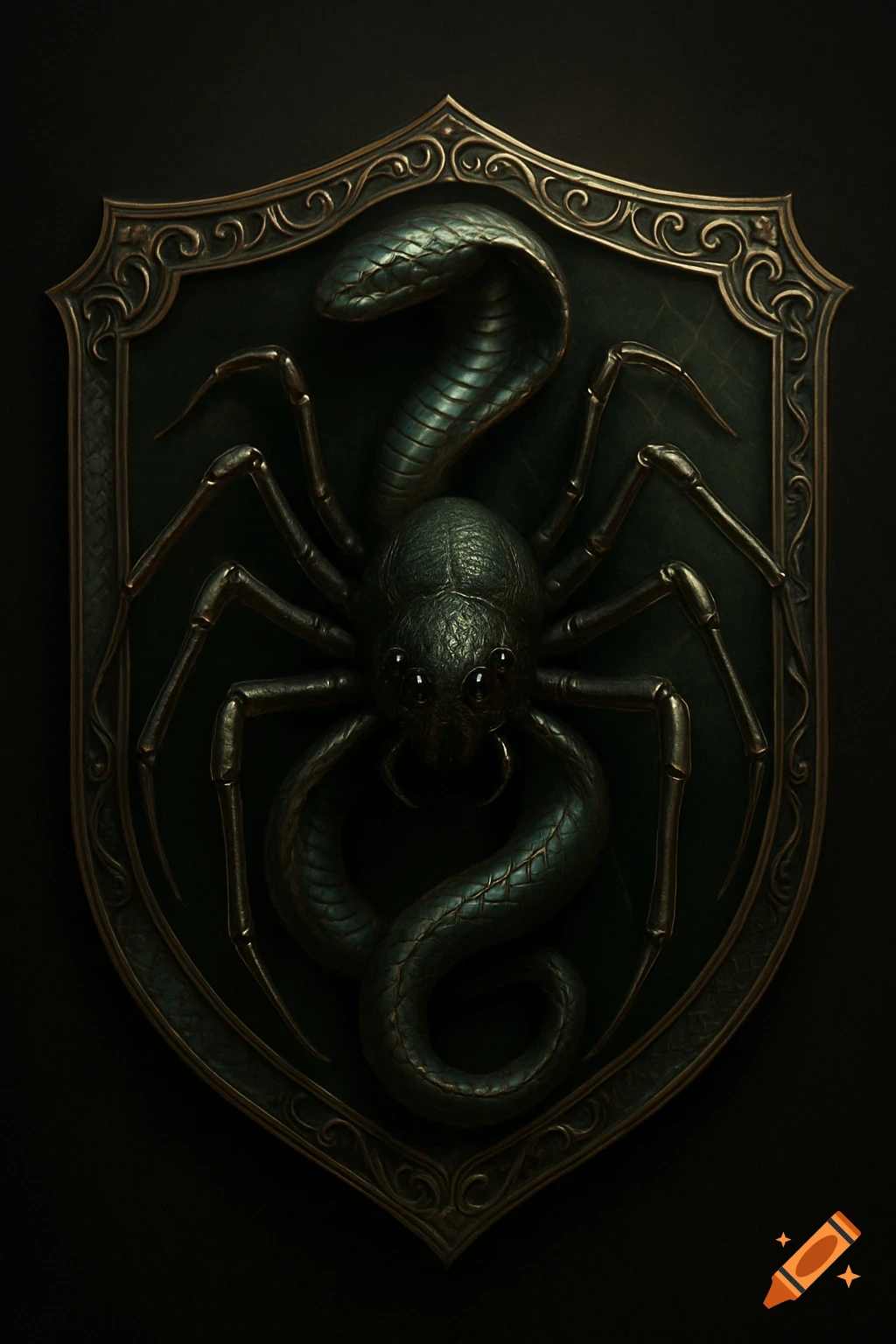 A dark, ornate shield crest featuring a large, metallic-looking spider with a snake's body and eight spider legs.