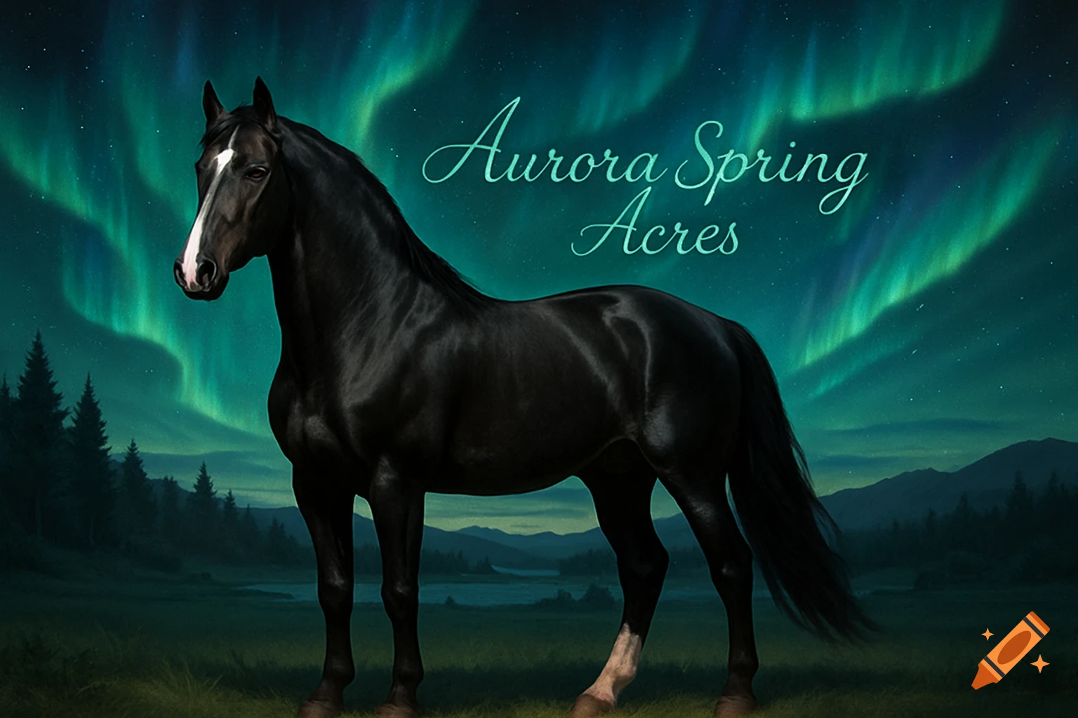 A black horse with a white blaze stands in a field under green northern lights, with trees and water in the background.