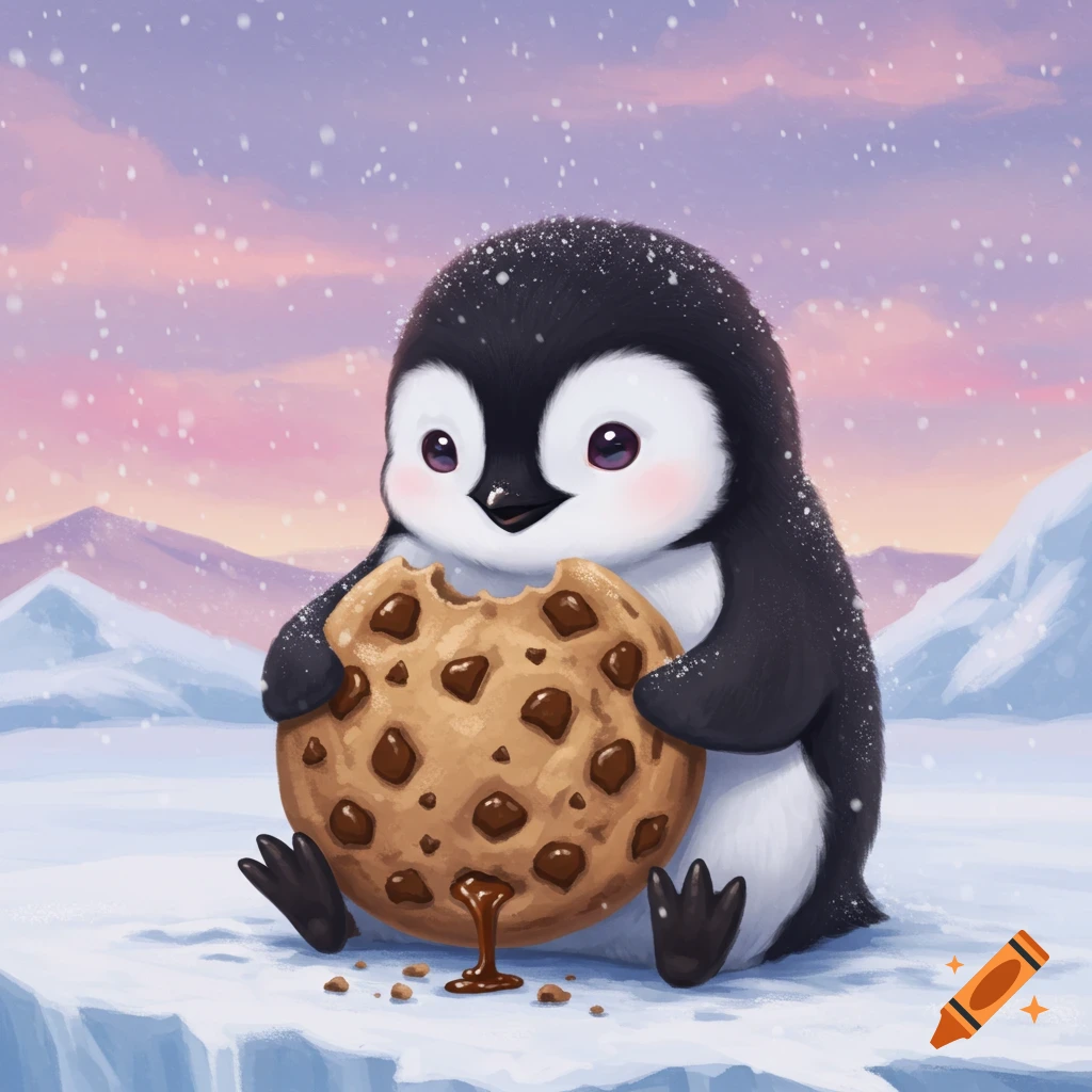 A cute cartoon penguin with rosy cheeks sits in a snowy landscape, happily eating a large chocolate chip cookie with a bite taken out of it.