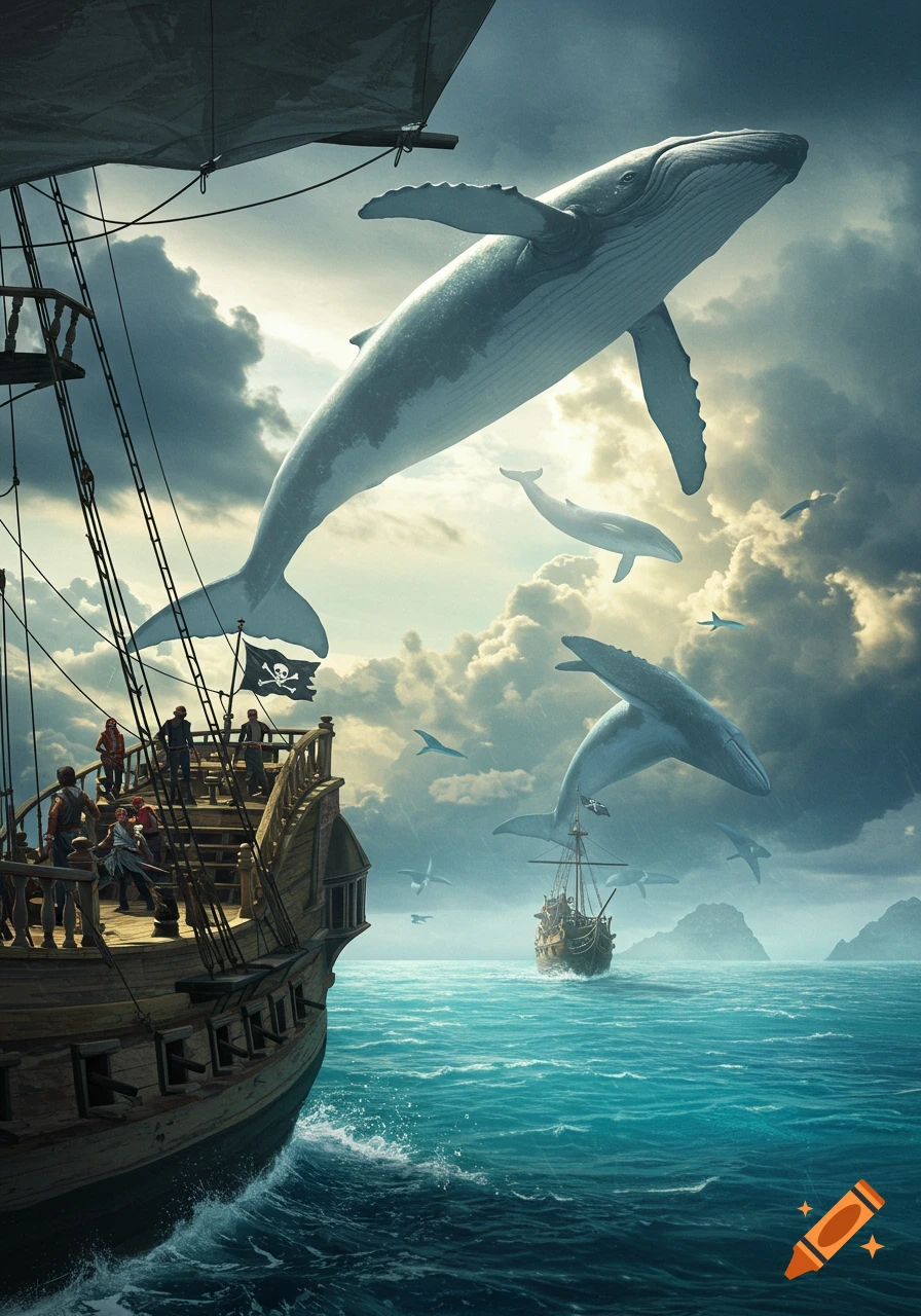 A large pirate ship sails on a turbulent sea under a cloudy sky, as giant whales fly through the air alongside it.