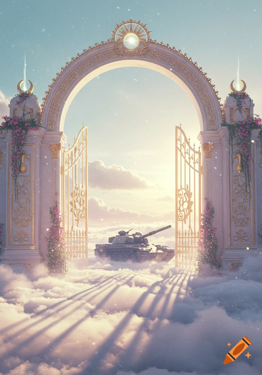 Ornate golden gates open to a bright sky with a tank floating on clouds, casting long shadows.