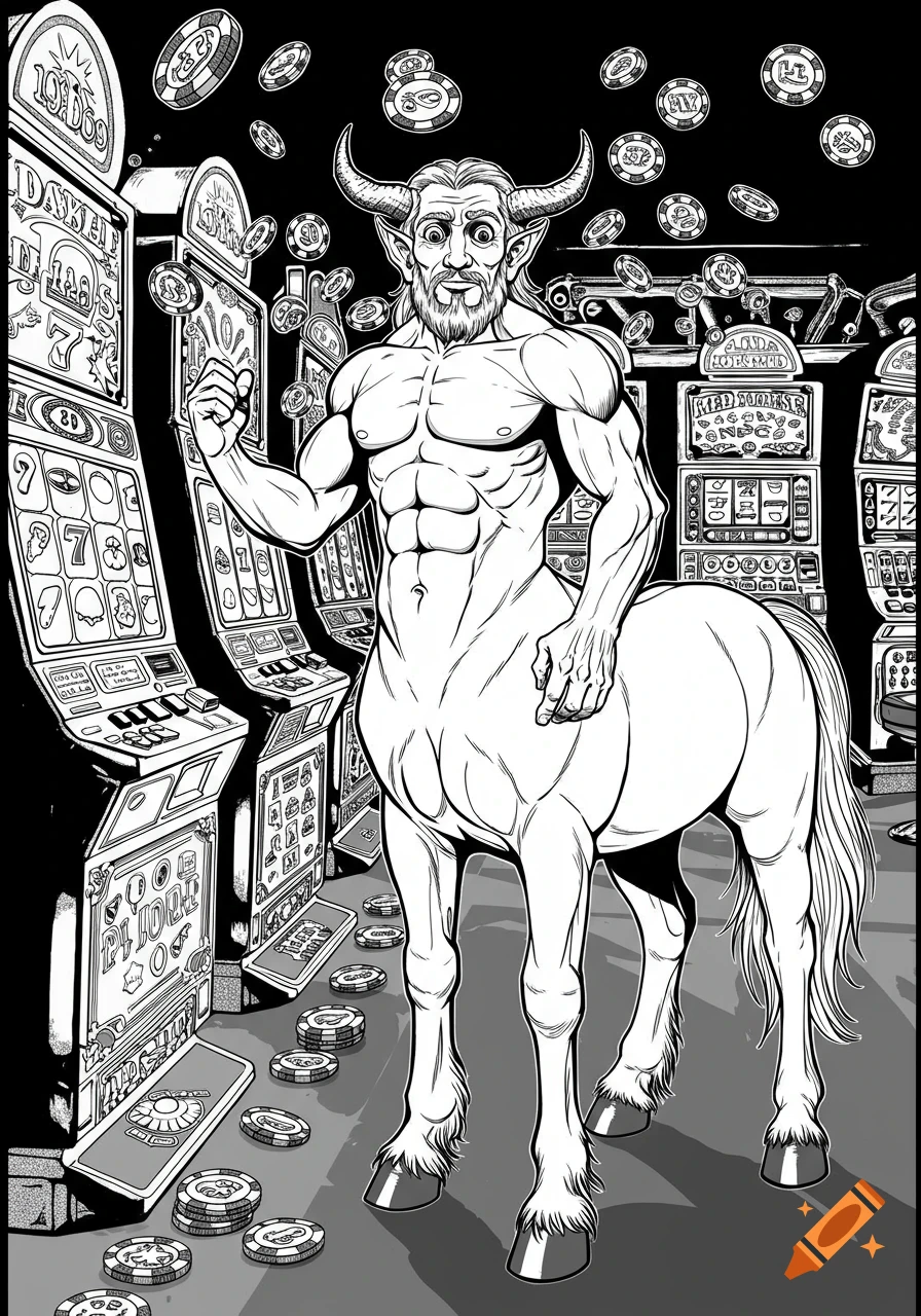 A black-and-white outline drawing of a muscular centaur-like man with horns standing among slot machines, with coins floating in the air.