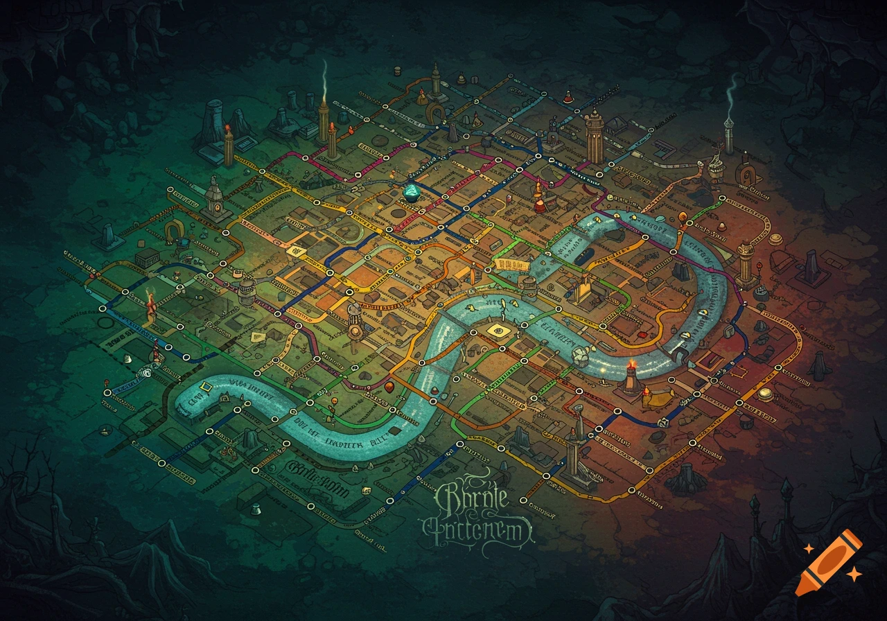 An intricate, fantastical isometric map resembling a subway system, with colorful lines, a winding blue river, and whimsical buildings under a gradient sky.