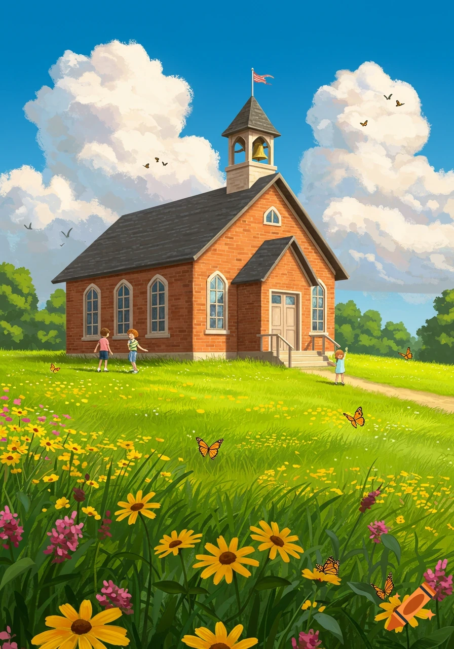 Vibrant illustration of a red brick schoolhouse with bell tower and flag, surrounded by a field of wildflowers and butterflies, with children playing.