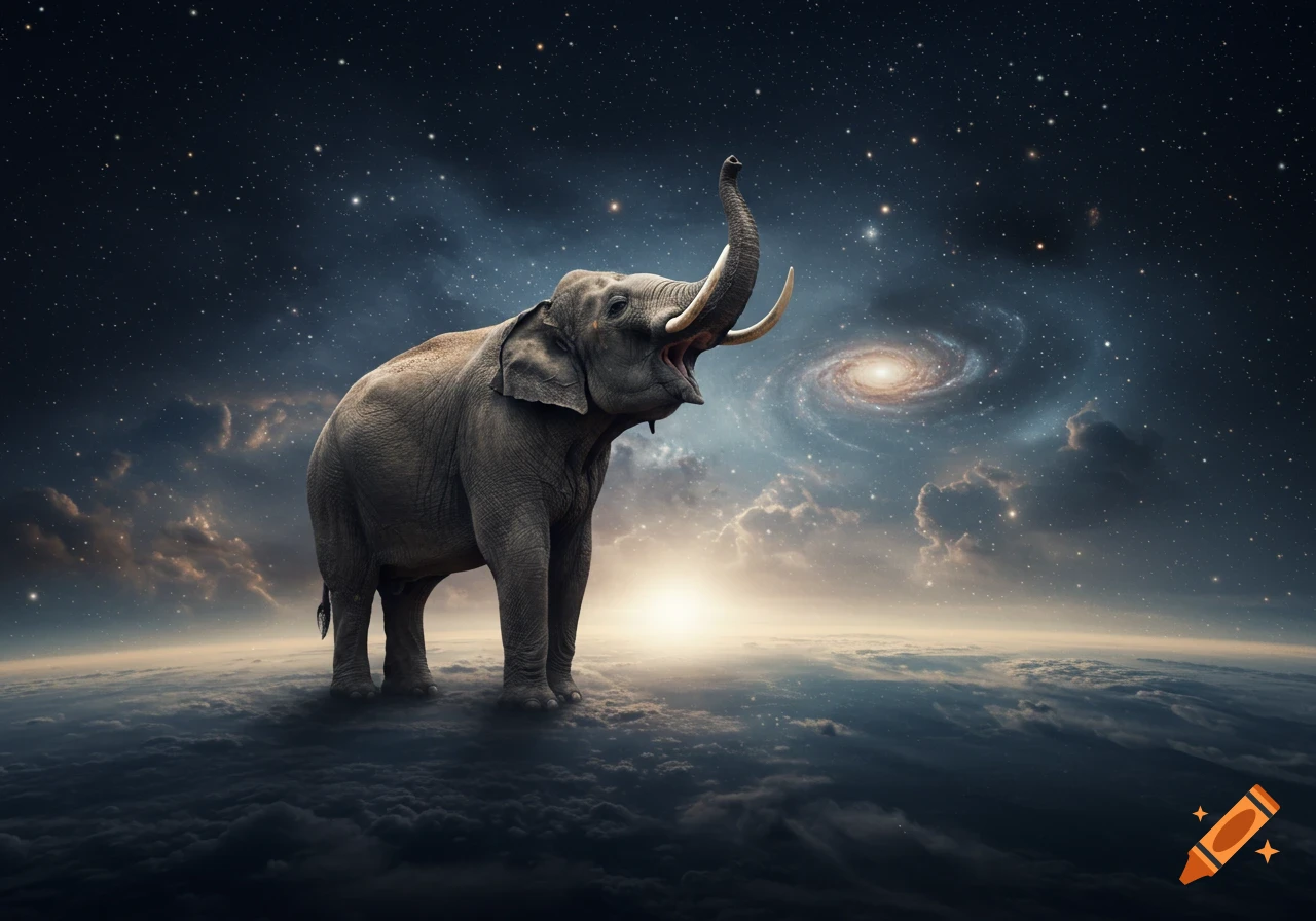 A large elephant stands on clouds looking up at a starry sky with a spiral galaxy and a bright sun, trunk raised.