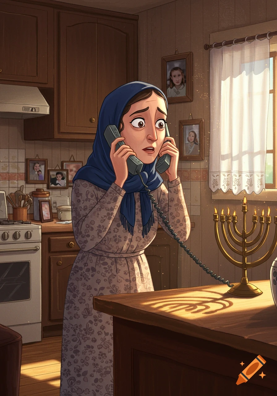 A concerned cartoon woman in a blue headscarf talks on a landline phone in a kitchen with a menorah on the counter.