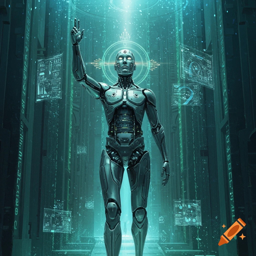 A metallic robot stands with one arm raised in a futuristic, glowing digital environment, surrounded by holographic data screens.