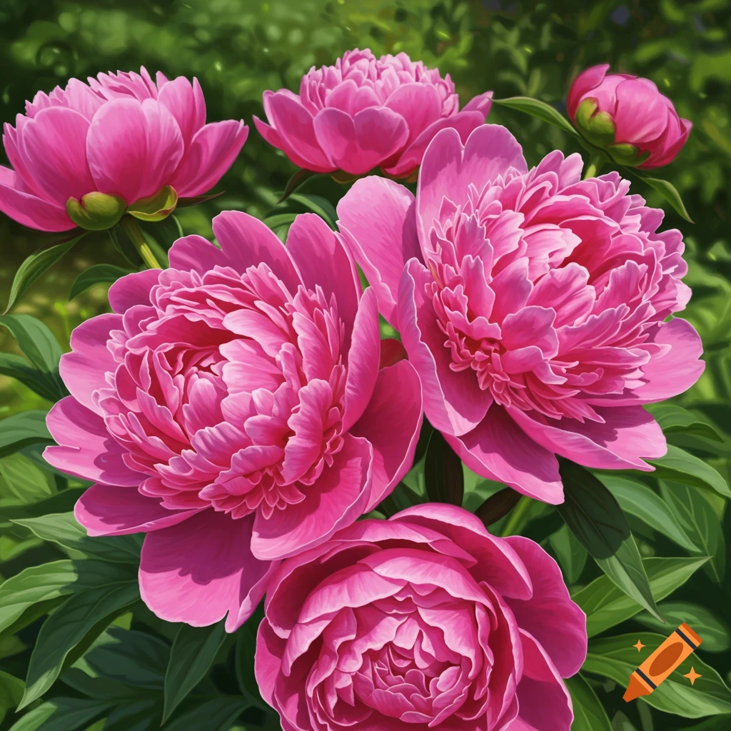 Photorealistic close-up of vibrant pink peony flowers with green leaves.