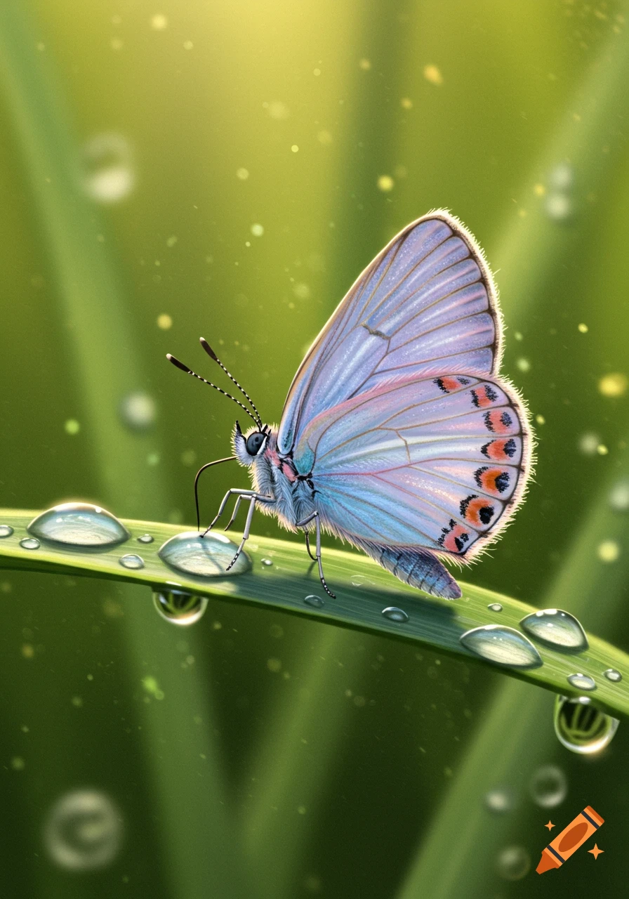 A close-up photorealistic image of a blue butterfly with orange and black spots on its wings, sitting on a green leaf covered in water droplets with a blurred green background.