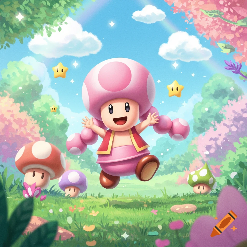 A cheerful Toadette jumps in a whimsical, colorful forest with other mushroom characters and stars under a rainbow sky.