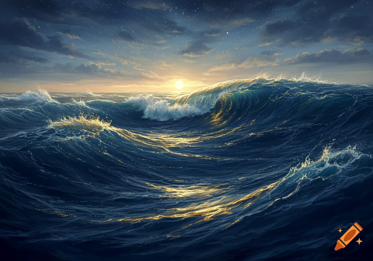 Vast stormy ocean with glowing waves at sunset under a cloudy, starry sky, digital painting.