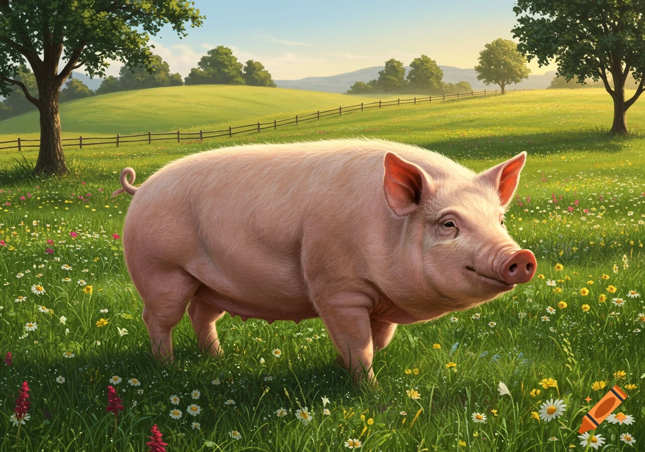 A realistic pig stands in a vibrant green field filled with colorful wildflowers under a clear sky.