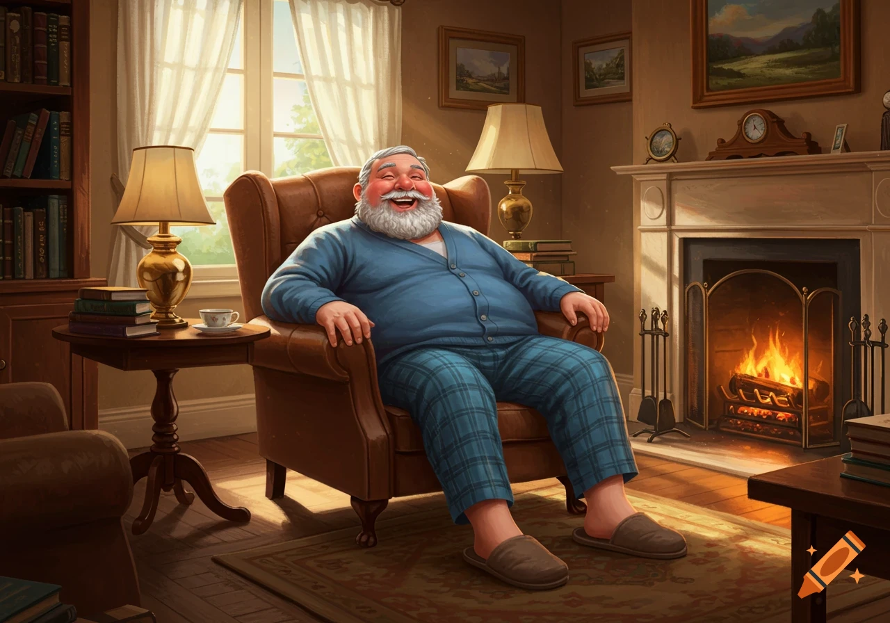 A happy, bearded elderly man sits smiling in a brown armchair in a cozy living room with a fireplace and bookshelves.