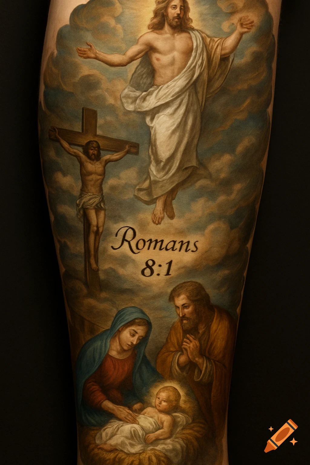 A detailed leg tattoo depicting scenes of Jesus' resurrection, crucifixion, and nativity, with the text 'Romans 8:1'.